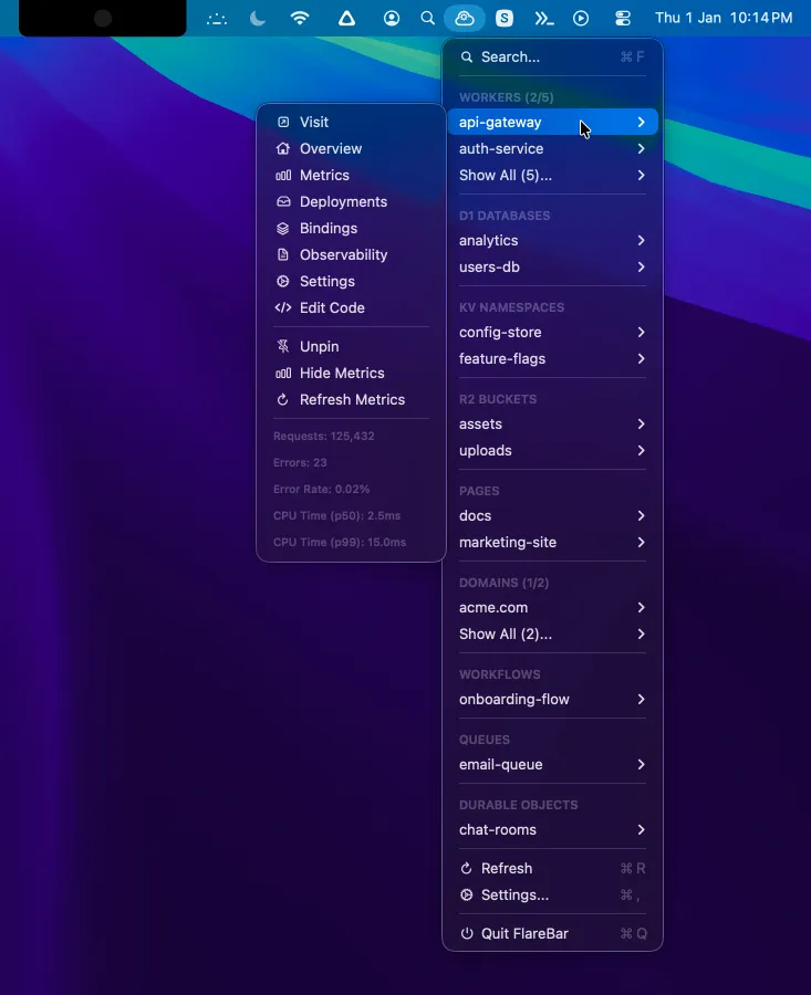 FlareBar menu  showing Cloudflare resources with worker submenu